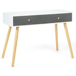 Bureau D'appoint Console 2 Tiroirs EMMIE Scandinave Bois Blanc Et Tiroirs Gris