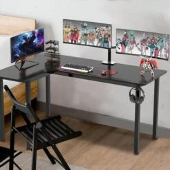 Bureau Gamer Bureau Gaming Forme L, Surface En Fibre PVC,155 X109x77.5cm -Table D'ordinateur Avec Tapis Souris Support Casque
