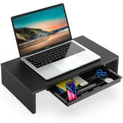 FITUEYES Réhausseur D'Écran D'Ordinateur En Bois Support De Moniteur Avec Tiroir,Moniteur Stand PC TV Pour Bureau,Famille 42,5x23,5x10cm,Noir DT104101WB
