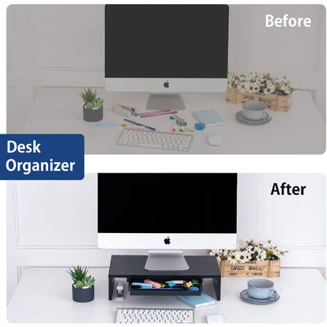 FITUEYES Réhausseur D'Écran D'Ordinateur En Bois Support De Moniteur Avec Tiroir,Moniteur Stand PC TV Pour Bureau,Famille 42,5x23,5x10cm,Noir DT104101WB – Image 3