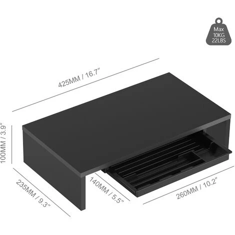 FITUEYES Réhausseur D'Écran D'Ordinateur En Bois Support De Moniteur Avec Tiroir,Moniteur Stand PC TV Pour Bureau,Famille 42,5x23,5x10cm,Noir DT104101WB – Image 5