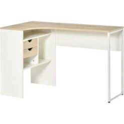 HOMCOM Bureau D'angle Bureau Informatique Multimédia Multi-rangement Métal Panneaux Particules Aspect Chêne Clair Blanc