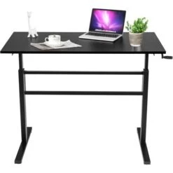 COSTWAY Bureau Assis Debout Réglable En Hauteur 75-113 CM, Avec Manivelle Pliable, Plateau 120x60 CM Et Cadre En Acier, Pour Maison, Bureau Noir