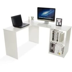 Bureau D'angle Avec Rangement 2 Étagères,bureau Informatique, Bureau D'ordinateur, Bois, Blanc-Mondeer