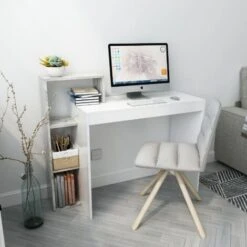 Bureau D'Ordinateur, Bureau Informatique, Table De Travail, Avec étagères, Etagère De Rangement, En Bois, Blanc&Gris - Meerveil