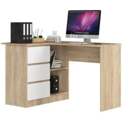 Bureau AKORD D'angle Chêne Sonoma 124 Cm 3 Tiroirs Façade Blanche 2 étagères 124x85x77 Cm