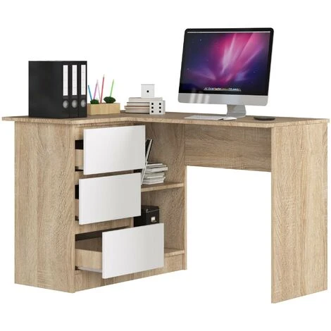 Bureau AKORD D'angle Chêne Sonoma 124 Cm 3 Tiroirs Façade Blanche 2 étagères 124x85x77 Cm – Image 2
