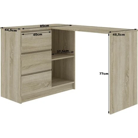 Bureau AKORD D'angle Chêne Sonoma 124 Cm 3 Tiroirs Façade Blanche 2 étagères 124x85x77 Cm – Image 5