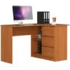 Bureau AKORD D'angle Droit B16 Aulne 124 Cm 3 Tiroirs Façade Aulne 2 étagères 124x85x77 Cm