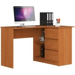 Bureau AKORD D'angle Droit B16 Aulne 124 Cm 3 Tiroirs Façade Aulne 2 étagères 124x85x77 Cm