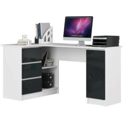 Bureau AKORD D'angle Gauche B20 Blanc 155 Cm 1 Porte 3 Tiroirs Façade Graphite Brillant 4 étagères 155x85x77 Cm