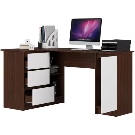 Grand Bureau D'angle AKORD Gauche B20 Wengé 155 Cm 1 Porte 3 Tiroirs Façade Blanche 4 étagères 155x85x77 Cm – Image 2