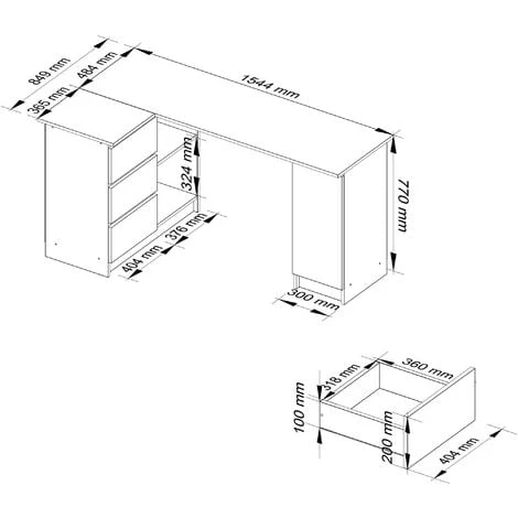 Grand Bureau D'angle AKORD Gauche B20 Wengé 155 Cm 1 Porte 3 Tiroirs Façade Blanche 4 étagères 155x85x77 Cm – Image 3