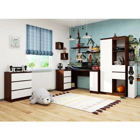 Grand Bureau D'angle AKORD Gauche B20 Wengé 155 Cm 1 Porte 3 Tiroirs Façade Blanche 4 étagères 155x85x77 Cm – Image 5