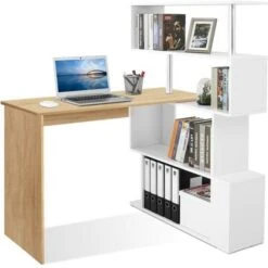 Bureau Informatique Avec étagère De 4 Niveaux Contemporaine - Multi-rangements, Blanc&Naturel - Meerveil