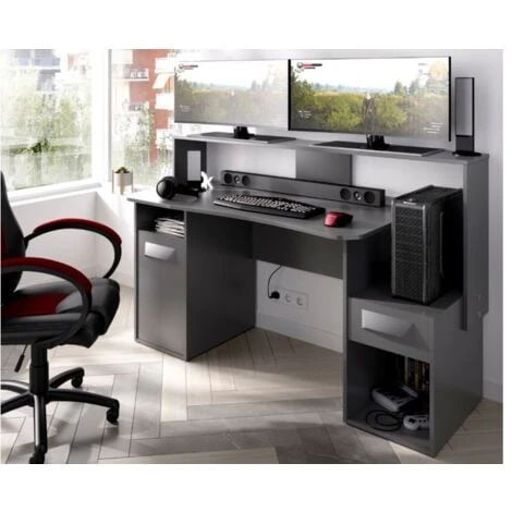 Bureau GAMER PC Couleur Graphite Avec Porte Et Tiroir Graphite