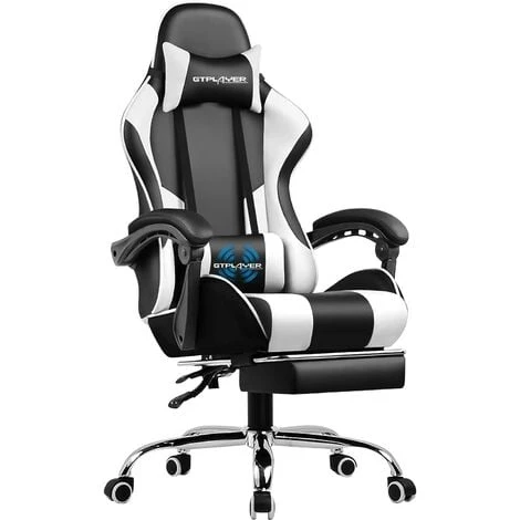 Chaise Gaming De Massage Avec Repose-Pieds Et Accoudoirs Synchronisés Fauteuil Gamer Pivotant En Cuir De PU (Blanc)