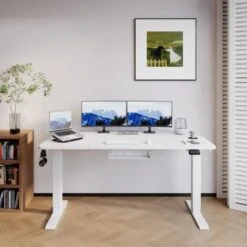 Devoko Bureau Assis Debout Électrique Réglable En Hauteur 140x70x(72-116) Cm, Panneau Avec 4 Claviers à Mémoire Automatique, Cadre En Acier, Équipé Du Système Anti-Collision, Blanc