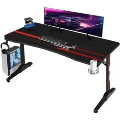 Devoko Bureau Gaiming Bureau Gamer Informatique Table Avec Porte-Boisson Et Porte-Casque,140 Cm Noir