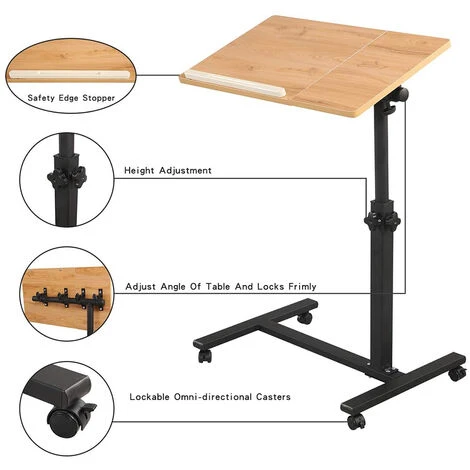 BATHRINS®Table Pour Ordinateur Portable Hauteur Réglable Avec Roulettes Et Plateau Rotatif à 360 Degrés 60 X 34.5 X 58-90cm Chêne – Image 3