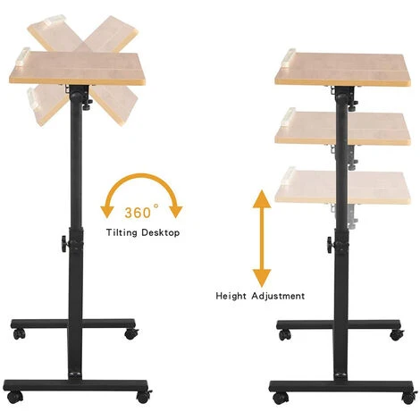 BATHRINS®Table Pour Ordinateur Portable Hauteur Réglable Avec Roulettes Et Plateau Rotatif à 360 Degrés 60 X 34.5 X 58-90cm Chêne – Image 4