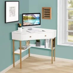 COSTWAY Table Bureau D'Angle Avec 2 Tiroirs/Table Imformatique Pour Ordinateur Avec Etagère De Rangement Blanc