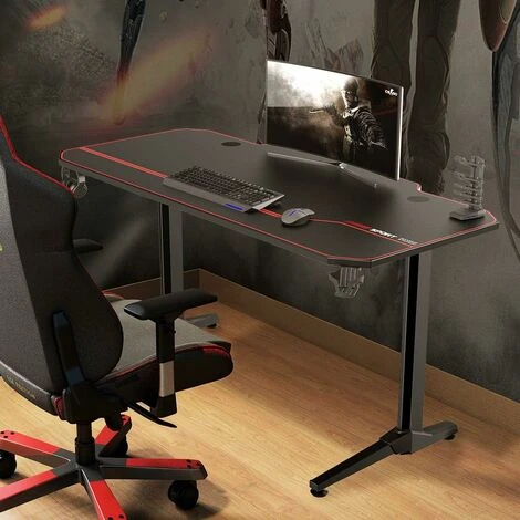 Soges Bureau Gaming Bureau Informatique Bureau Gamer Avec Tapis De Souris Intégré Et Porte Manette/Chargeur à USB, Table De Gaming PC Gamer Station De Jeu Pro Avec Porte-gobelet Et Crochet Pour Casque – Image 2