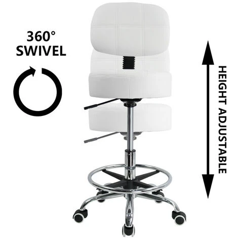 Tabouret à Roulettes Avec Dossier Hauteur Réglable Convient Pour Bureau D'affaires Blanc – Image 3