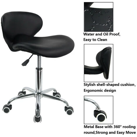 Tabouret à Roulettes Avec Dossier Tabouret De Bureau Hauteur Réglable Forme Moderne En Cuir PU Noir - KKTONER – Image 3