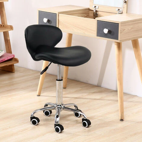 Tabouret à Roulettes Avec Dossier Tabouret De Bureau Hauteur Réglable Forme Moderne En Cuir PU Noir - KKTONER – Image 5