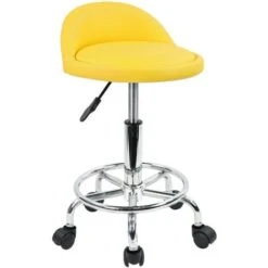 Tabouret à Roulettes De Bureau Tabouret De Travail Réglable En Hauteur 48-64 Cm En Cuir Synthétique Avec Repose - Jaune