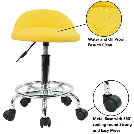 Tabouret à Roulettes De Bureau Tabouret De Travail Réglable En Hauteur 48-64 Cm En Cuir Synthétique Avec Repose - Jaune – Image 3