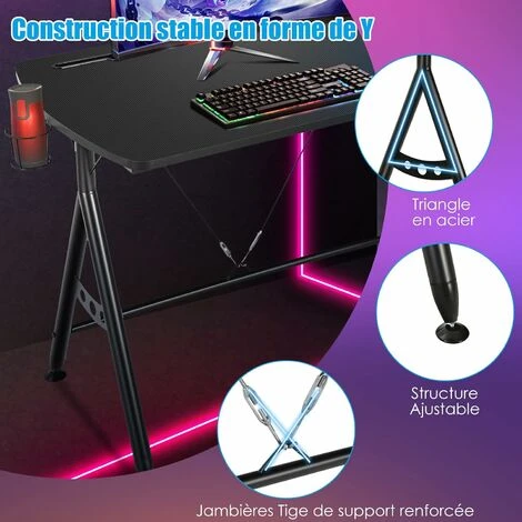 GOPLUS Bureau Gamer En Forme De Y,Bureau Gaming E-Sports Avec Fente Pour Telephone Et Porte-Gobelet,Table De Jeu Jusqu’a 60KG, 105x60x76CM – Image 4