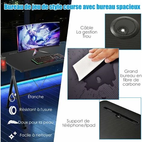 GOPLUS Bureau Gamer En Forme De Y,Bureau Gaming E-Sports Avec Fente Pour Telephone Et Porte-Gobelet,Table De Jeu Jusqu’a 60KG, 105x60x76CM – Image 5