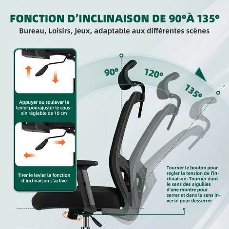 Chaise De Bureau, Hauteur Réglable, Fauteuil De Bureau, Base En Métal, Chaise De Bureau Ergonomique, Chaise Bureau, Dossier Haut Inclinable, Soutien Lombaire Accoudoirs Réglables, Charge 150 Kg – Image 3