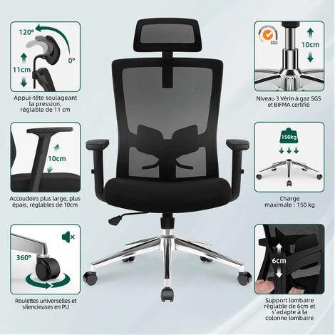 Chaise De Bureau, Hauteur Réglable, Fauteuil De Bureau, Base En Métal, Chaise De Bureau Ergonomique, Chaise Bureau, Dossier Haut Inclinable, Soutien Lombaire Accoudoirs Réglables, Charge 150 Kg – Image 4
