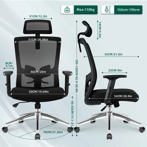Chaise De Bureau, Hauteur Réglable, Fauteuil De Bureau, Base En Métal, Chaise De Bureau Ergonomique, Chaise Bureau, Dossier Haut Inclinable, Soutien Lombaire Accoudoirs Réglables, Charge 150 Kg – Image 5