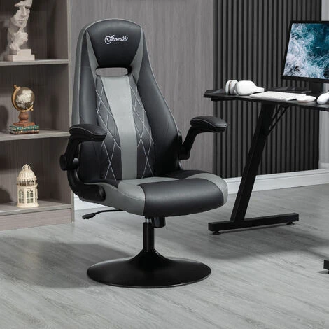 Fauteuil Gaming Base Ronde Métal Pivotante 360° Hauteur Réglable Fonction Dossier Bascule Accoudoirs Relevables PU Gris Noir – Image 2