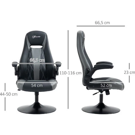 Fauteuil Gaming Base Ronde Métal Pivotante 360° Hauteur Réglable Fonction Dossier Bascule Accoudoirs Relevables PU Gris Noir – Image 3