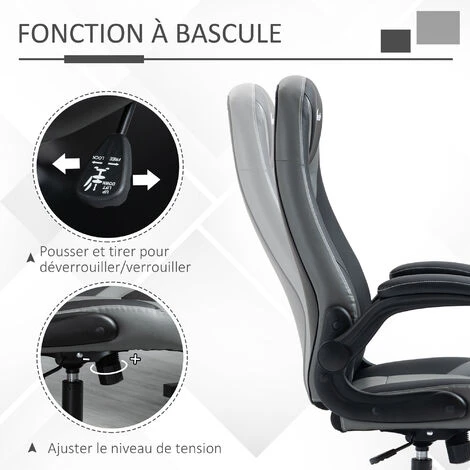 Fauteuil Gaming Base Ronde Métal Pivotante 360° Hauteur Réglable Fonction Dossier Bascule Accoudoirs Relevables PU Gris Noir – Image 5