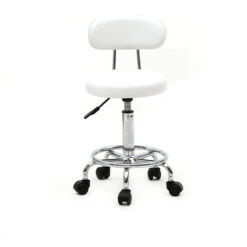Vente Flash Tabouret De Bureau Tabouret à Roulettes Avec Dossier,Chaise Pivotante Chaise De Bureau Hauteur Réglable,Blanc