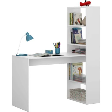 Bureau D'ordinateur Avec étagères Blanches Intégrées Artik Table D'ordinateur Moderne 144x120x53 Cm – Image 2