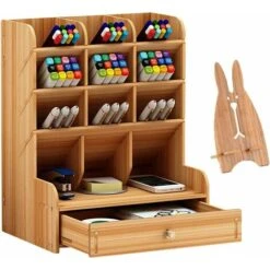 Organiseur De Stylos En Bois, Boîte Porte-stylos Multifonctionnelle, Stationnaire De Bureau, Assemblage Facile, Rangement Pour Fournitures D'art De Bureau à Domicile Avec Tiroir (B11-couleur Cerise)