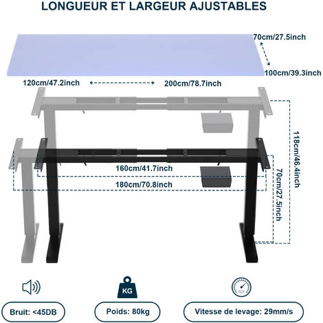 Bureau Assis Debout Pied De Bureau Réglable En Hauteur Électrique à 2Moteurs Bureau Réglable En Hauteur71-116 Cm Avec Moteurs Mémoire De 4hauteurs,Largeur Réglable106-180 Cm,Charge Max120kg Noir – Image 5