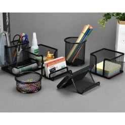 6 PCS Rangement Bureau Organisateur Multifonctionnel Métal Grillagé Organiseur De Bureau Pot à Crayons Porte-stylo Rond En Métal Papeterie Organizer Pour Bureau, école Et Maison (Noir)