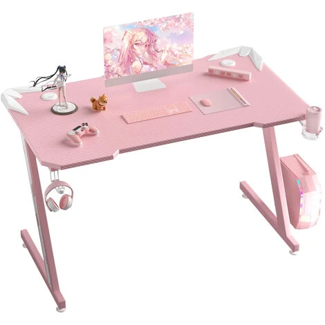 Bureau Gaming Bureau D'ordinateur En Forme De Z Pour Jeu-Vidéo Style De Course Bureau Informatique Ergonomique 110cm Porte-Gobelet, Crochet Pour Casque (Rose)