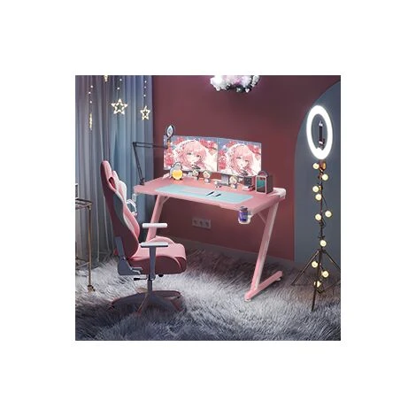 Bureau Gaming Bureau D'ordinateur En Forme De Z Pour Jeu-Vidéo Style De Course Bureau Informatique Ergonomique 110cm Porte-Gobelet, Crochet Pour Casque (Rose) – Image 2