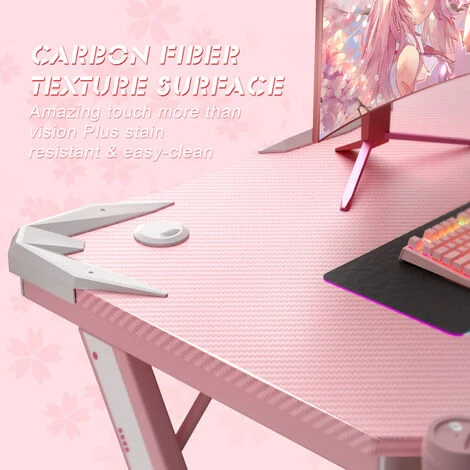 Bureau Gaming Bureau D'ordinateur En Forme De Z Pour Jeu-Vidéo Style De Course Bureau Informatique Ergonomique 110cm Porte-Gobelet, Crochet Pour Casque (Rose) – Image 3