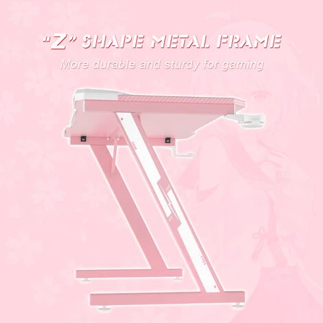 Bureau Gaming Bureau D'ordinateur En Forme De Z Pour Jeu-Vidéo Style De Course Bureau Informatique Ergonomique 110cm Porte-Gobelet, Crochet Pour Casque (Rose) – Image 4