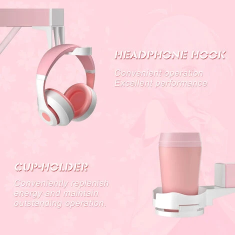 Bureau Gaming Bureau D'ordinateur En Forme De Z Pour Jeu-Vidéo Style De Course Bureau Informatique Ergonomique 110cm Porte-Gobelet, Crochet Pour Casque (Rose) – Image 5